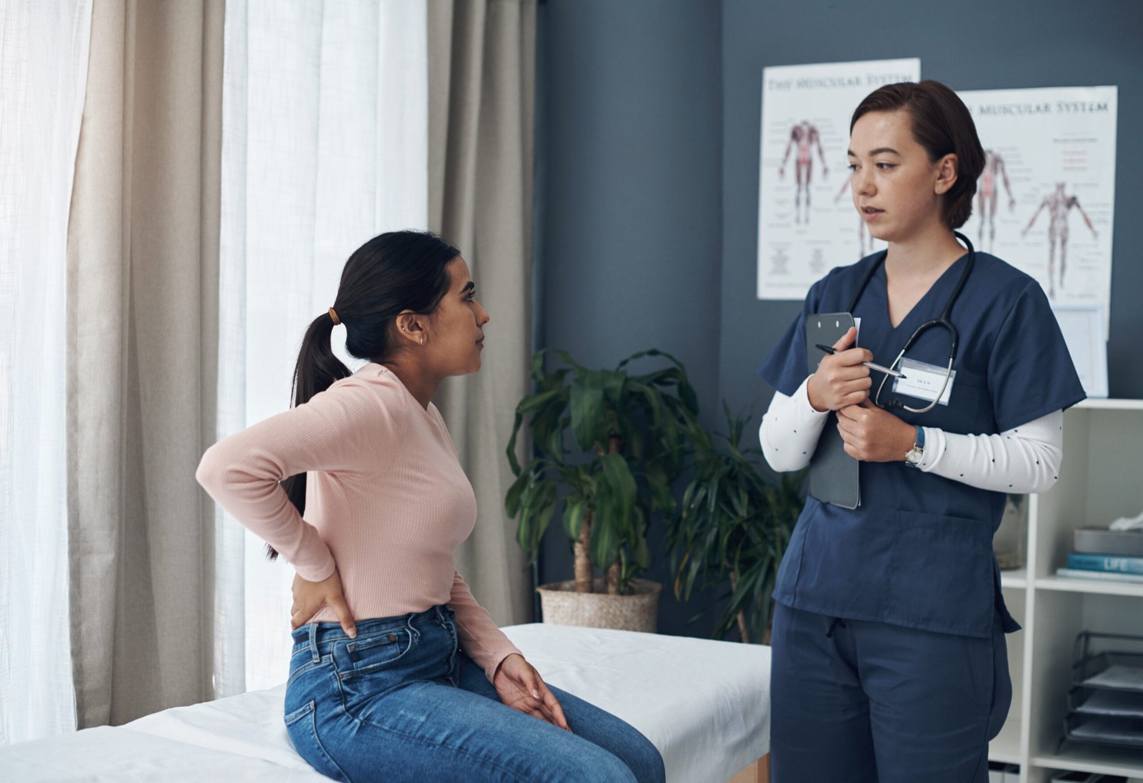 Hospital, female nurse and discussion for consultation with patient, results and diagnosis update. Healthcare, woman and medical employee with conversation for information, prescription and exam.